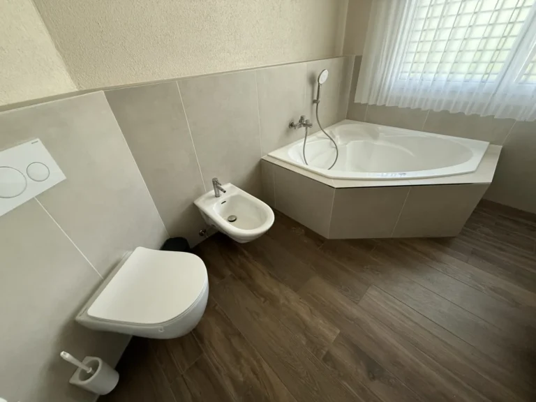 Eckbadewanne und Wand-WC mit Bidet über dunklem Holzoptik-Boden